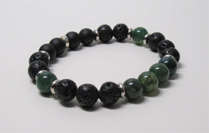 Gemstone Beaded Bracelet - Green Agate, Matt Black Onyx and Volcanic Beads - eDgE dEsiGn London