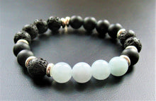 Gemstone Beaded Bracelet - Aquamarine Blue Jade, Matt Black Onyx and Volcanic Beads - eDgE dEsiGn London