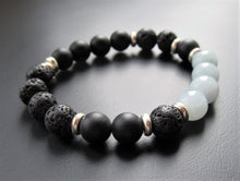 Gemstone Beaded Bracelet - Aquamarine Blue Jade, Matt Black Onyx and Volcanic Beads - eDgE dEsiGn London