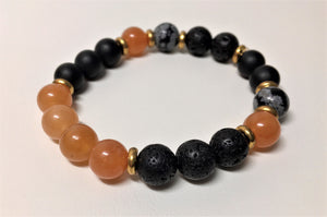 Gemstone Beaded Bracelet - Orange Aventurine Jade, Obsidian, Volcanic and Onyx - eDgE dEsiGn London