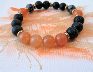 Gemstone Beaded Bracelet - Orange Aventurine Jade, Obsidian, Volcanic and Onyx - eDgE dEsiGn London