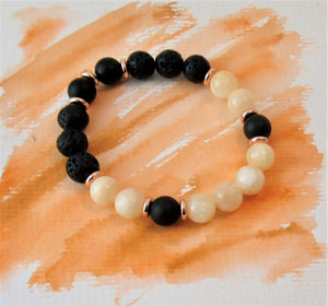 Gemstone Beaded Bracelet - Yellow Honey Jade, Matt Black Onyx, Volcanic Beads - eDgE dEsiGn London