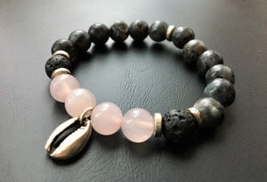Gemstone Beaded Bracelet - Rose Quartz, Larkavite, Volcanic, Silver Cowrie Shell - eDgE dEsiGn London