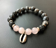 Gemstone Beaded Bracelet - Rose Quartz, Larkavite, Volcanic, Silver Cowrie Shell - eDgE dEsiGn London