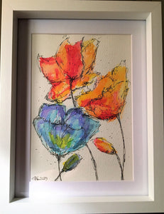 Blue/Red/Orange Flowers - Framed Original Watercolour Painting - eDgE dEsiGn London