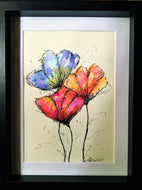 Framed Original Artwork Abstract Flowers - Blue, Red, Yellow and Orange - eDgE dEsiGn London