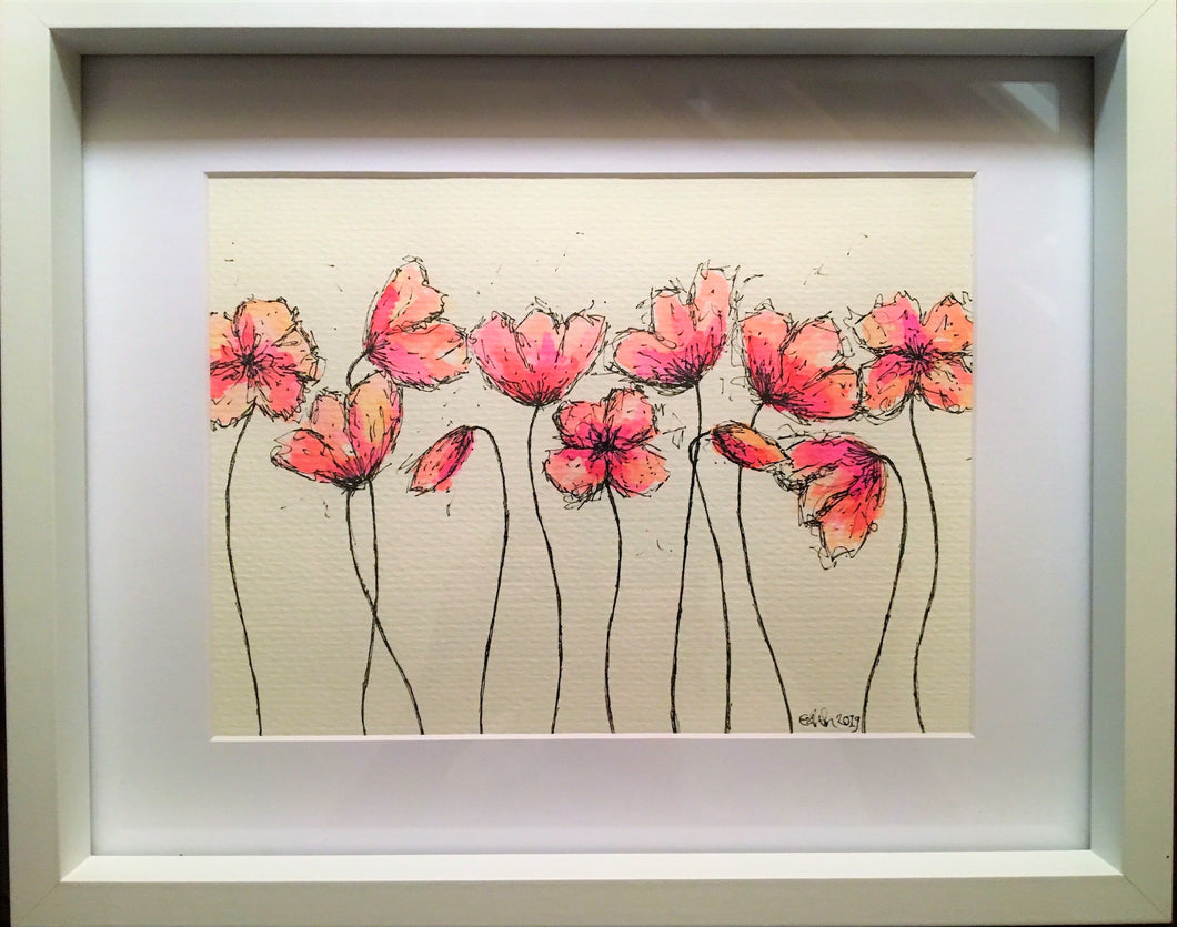 Pink/Red Poppies - Framed Original Watercolour Painting - eDgE dEsiGn London
