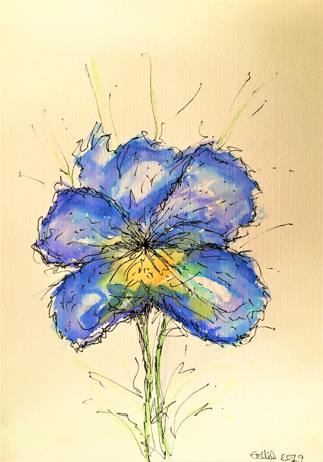 Original Artwork - Abstract Blue/Yellow Iris Watercolour - Unframed - eDgE dEsiGn London