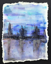 City Skyline at Night - Framed Original Watercolour Painting