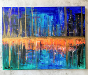 Abstract Riverside Cityscape at Night - Acrylic on canvas