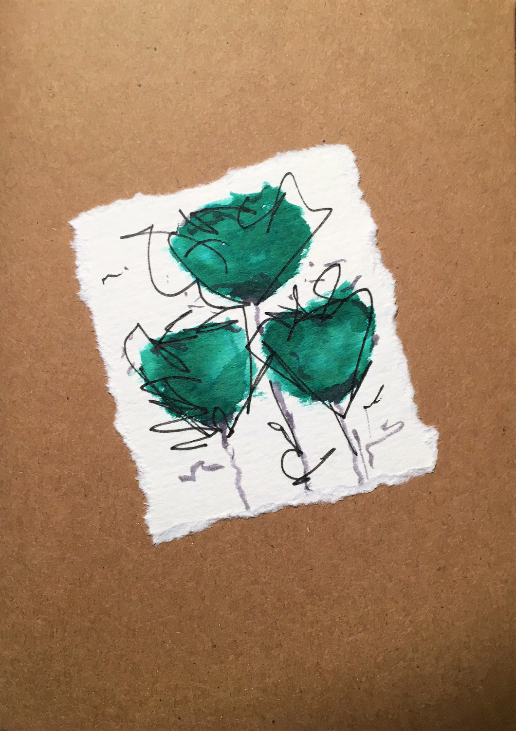 Handpainted Watercolour Greeting Card - Three Dark Green Flowers - eDgE dEsiGn London