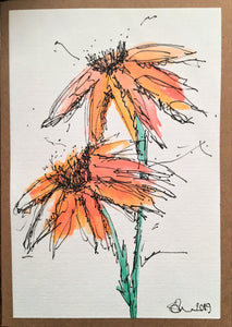Handpainted Watercolour Greeting Card - Two Abstract Red/Orange Flowers Design - eDgE dEsiGn London