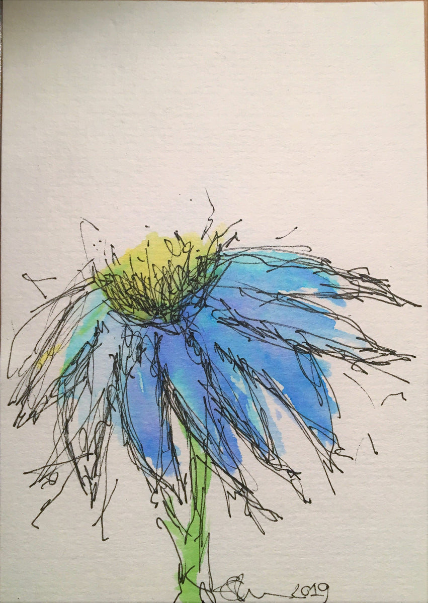 Handpainted Watercolour Greeting Card - Abstract Blue/Yellow Flower ...