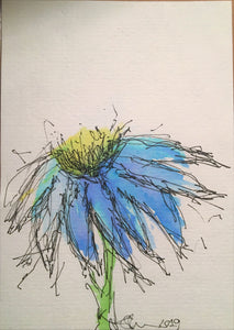 Handpainted Watercolour Greeting Card - Abstract Blue/Yellow Flower Design - eDgE dEsiGn London