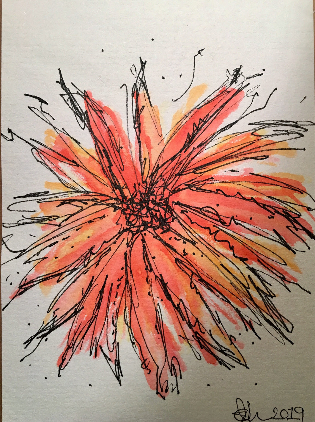 Handpainted Watercolour Greeting Card - Abstract Orange/Yellow Flower - eDgE dEsiGn London
