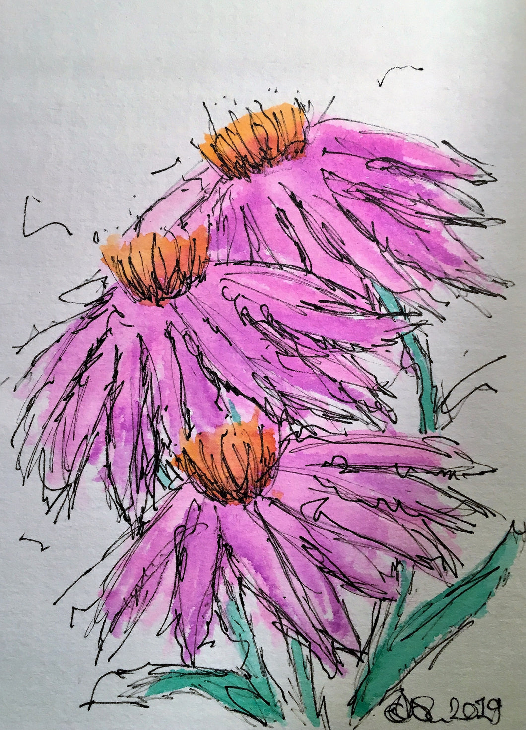 Handpainted Watercolour Greeting Card - Abstract Purple/Orange Flowers - eDgE dEsiGn London