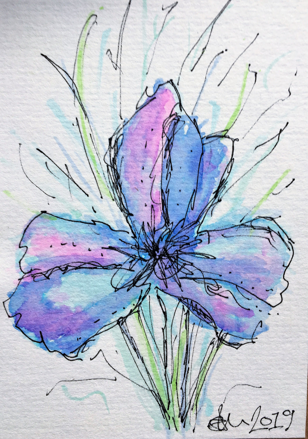Handpainted Watercolour Greeting Card - Abstract Blue/Purple Iris Flower - eDgE dEsiGn London