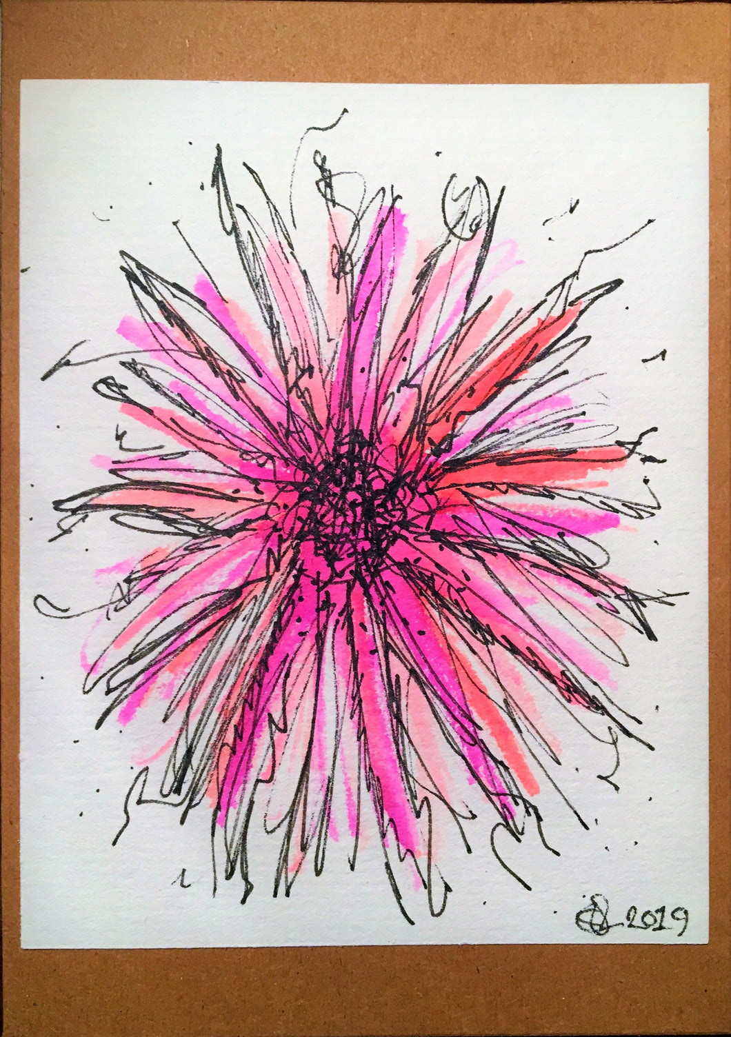 Handpainted Watercolour Greeting Card - Abstract Pink/Purple/Orange Flower Design - eDgE dEsiGn London