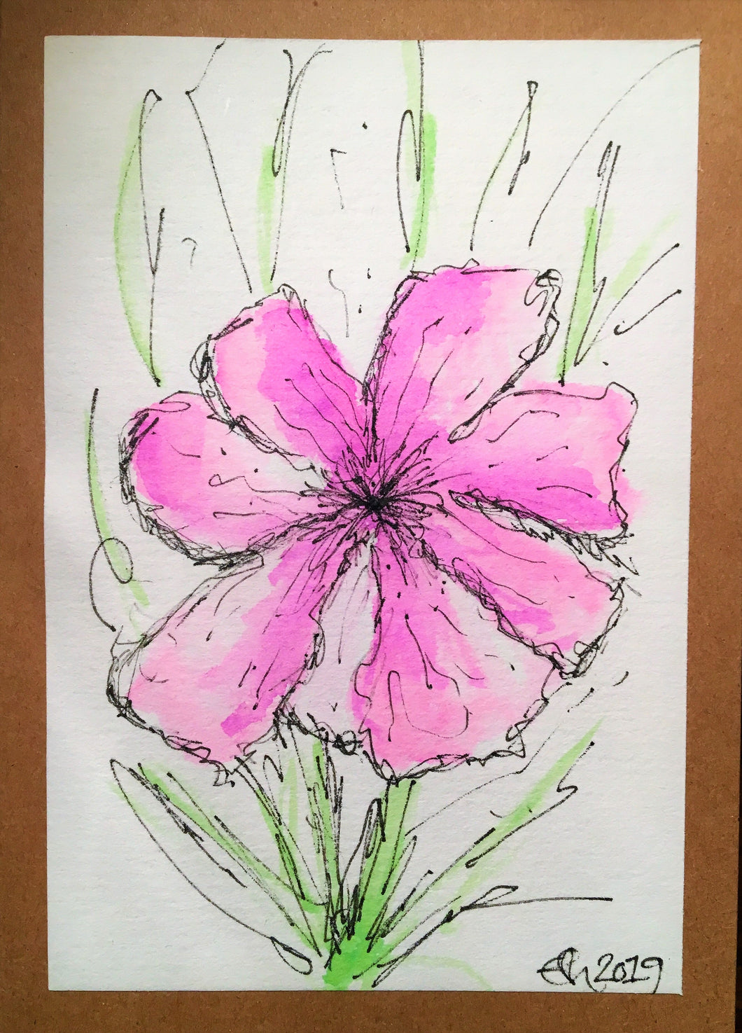 Handpainted Watercolour Greeting Card - Abstract Lilac Flower with Green Design - eDgE dEsiGn London