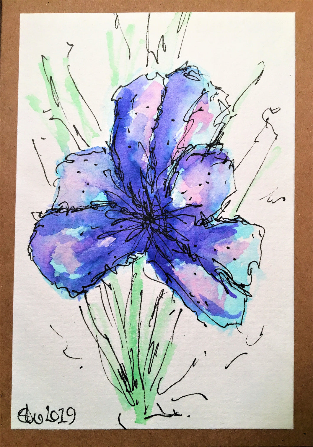 Handpainted Watercolour Greeting Card - Abstract Dark Blue/Purple Iris Flower - eDgE dEsiGn London
