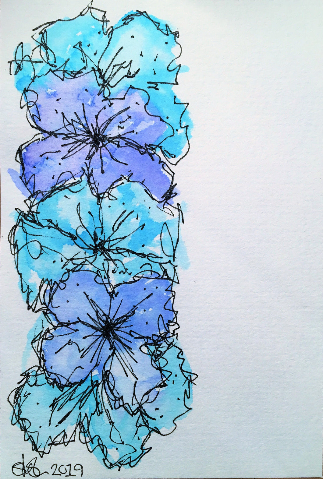 Handpainted Watercolour Greeting Card - Abstract Blue/Turquoise Medium Pansy Design - eDgE dEsiGn London