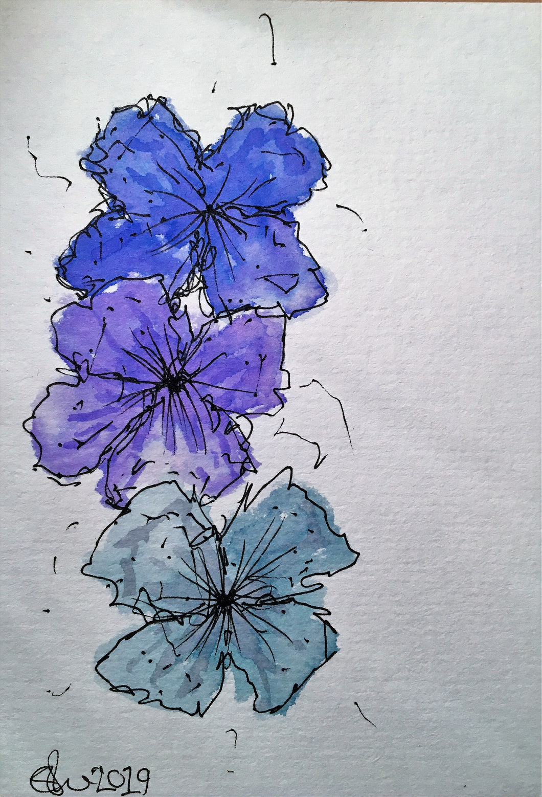 Handpainted Watercolour Greeting Card - Abstract Blue/Purple Medium Pansy Design - eDgE dEsiGn London