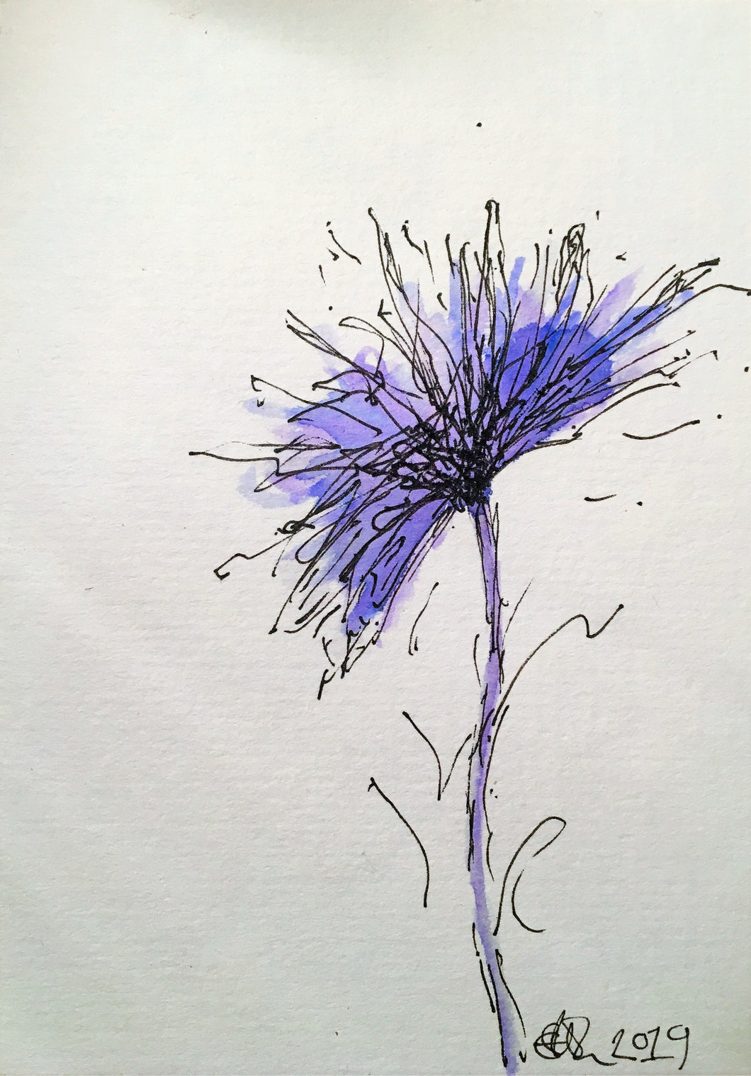 Handpainted Watercolour Greeting Card - Abstract Blue/Purple Spikey Flower Design - eDgE dEsiGn London