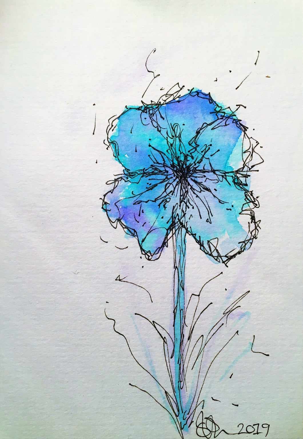 Handpainted Watercolour Greeting Card - Abstract Blue/Turquoise Flower Design - eDgE dEsiGn London