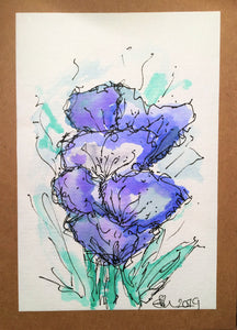 Handpainted Watercolour Greeting Card - Abstract Blue/Purple Flowers Design - eDgE dEsiGn London