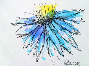 Handpainted Watercolour Greeting Card - Abstract Blue/Turquoise/Yellow Flower Design - eDgE dEsiGn London