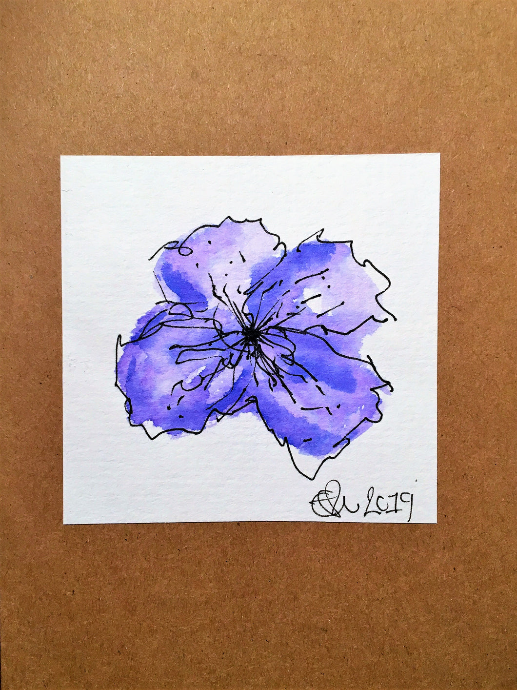 Handpainted Watercolour Greeting Card - Abstract Purple Pansy Flower Design - eDgE dEsiGn London