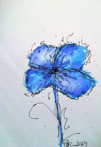 Handpainted Watercolour Greeting Card - Abstract Blue/Turquoise/Lilac Flower Design - eDgE dEsiGn London