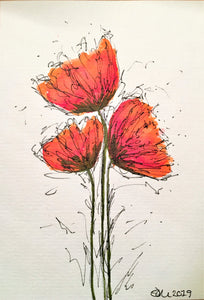 Handpainted Watercolour Greeting Card - Small Abstract Red/Orange Poppy Flowers - eDgE dEsiGn London