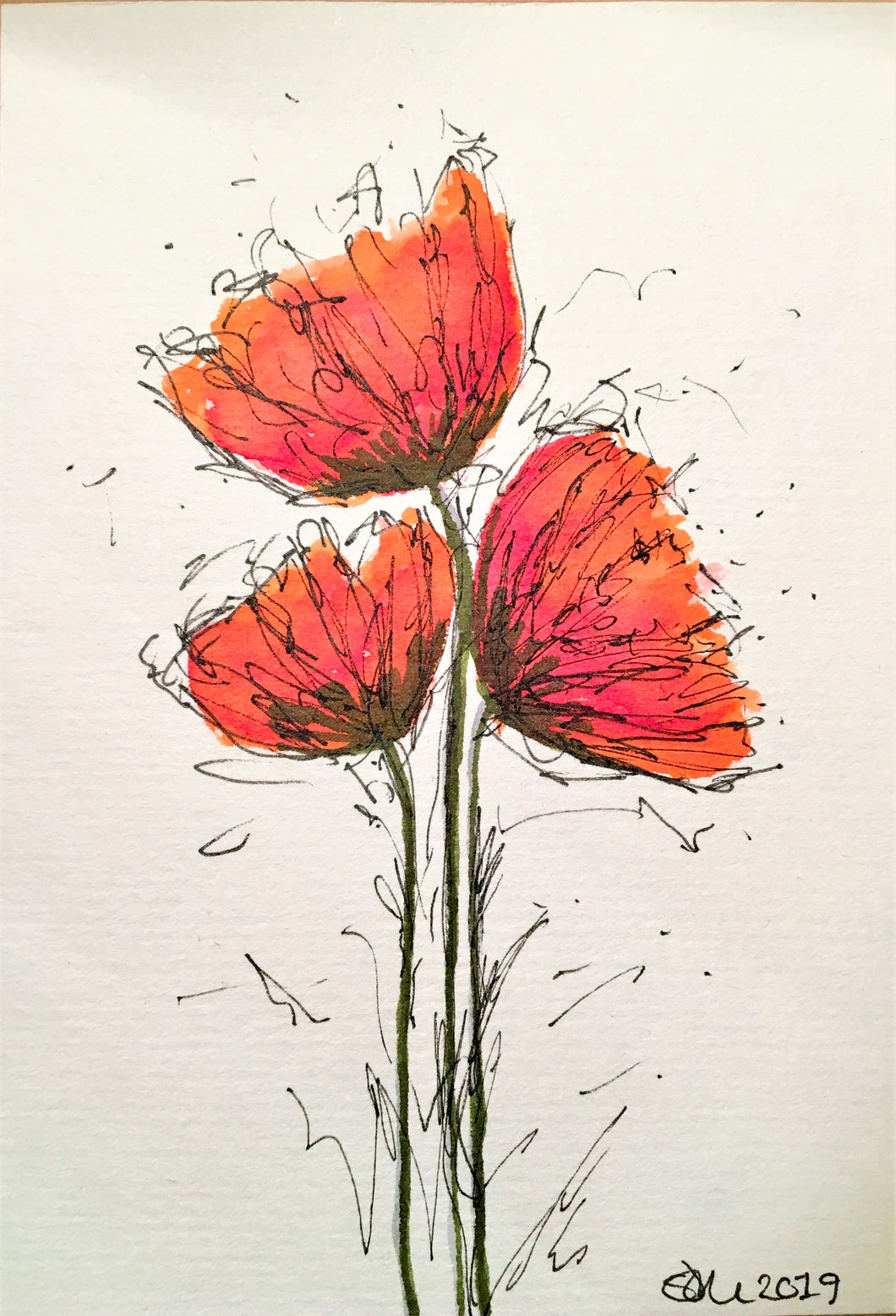 Handpainted Watercolour Greeting Card - Small Abstract Red/Orange Poppy Flowers - eDgE dEsiGn London