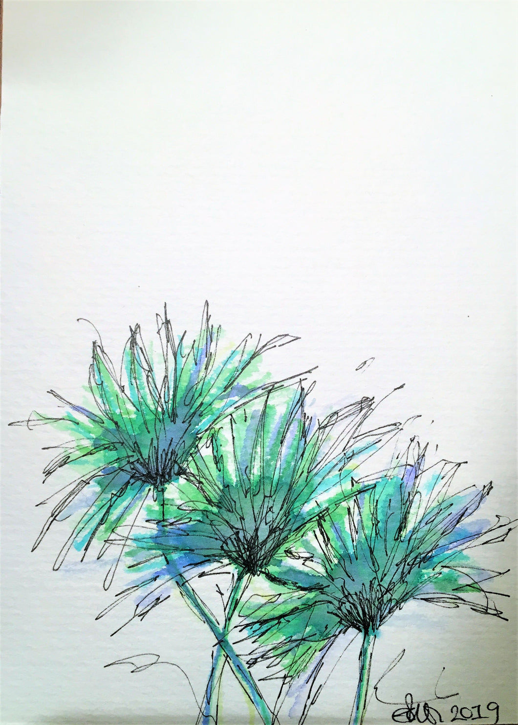 Handpainted Watercolour Greeting Card - Abstract Green/Blue/Turquoise with Flower Design - eDgE dEsiGn London