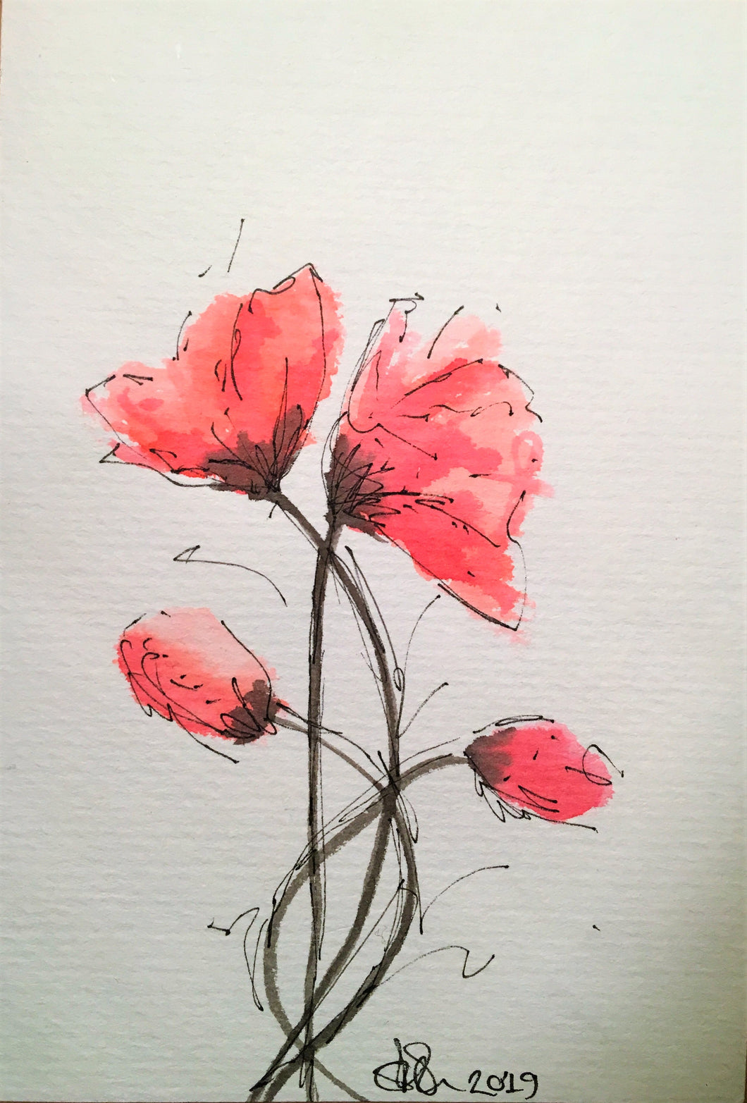 Handpainted Watercolour Greeting Card - Red Poppies and Buds Design - eDgE dEsiGn London