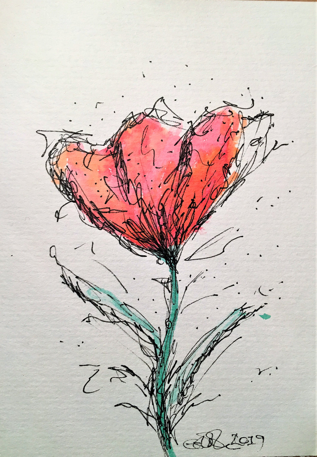 Handpainted Watercolour Greeting Card - Abstract Red/Orange Poppy Flower - eDgE dEsiGn London