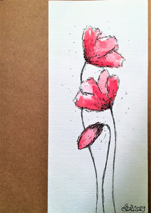 Handpainted Watercolour Greeting Card - Three Abstract Red/Pink Poppies Design - eDgE dEsiGn London