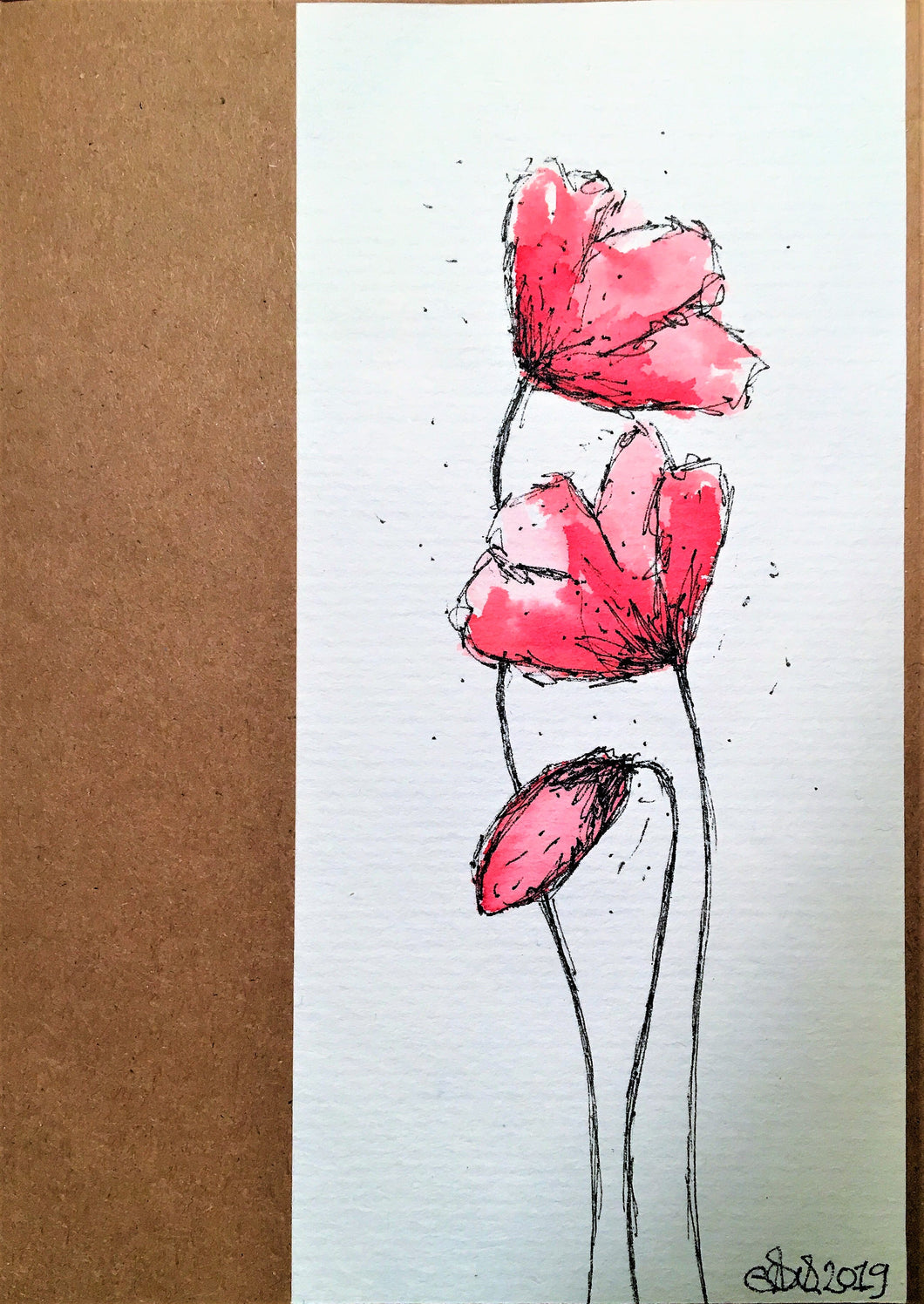 Handpainted Watercolour Greeting Card - Three Abstract Red/Pink Poppies Design - eDgE dEsiGn London