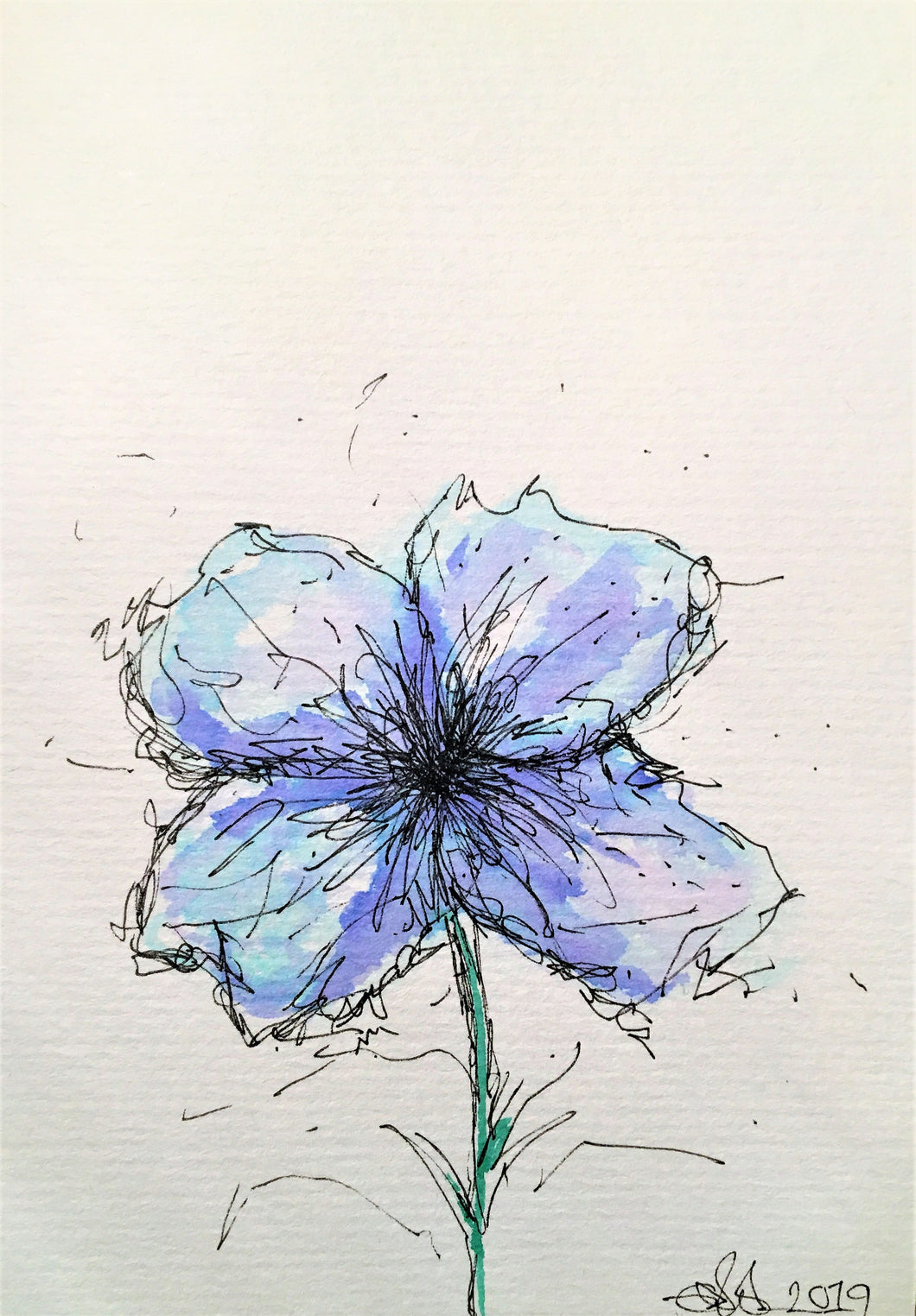 Handpainted Watercolour Greeting Card - Abstract Blue/Pale Blue Flower Design - eDgE dEsiGn London