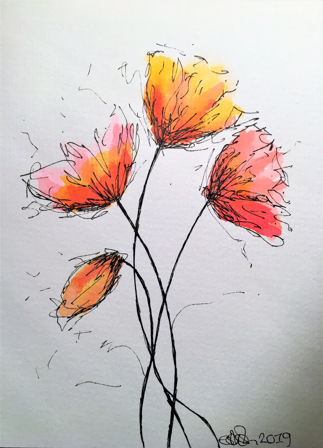 Handpainted Watercolour Greeting Card - Abstract Red/Orange Poppies Design - eDgE dEsiGn London