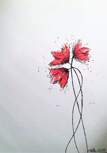 Handpainted Watercolour Greeting Card - Abstract Small Red Poppies Design - eDgE dEsiGn London