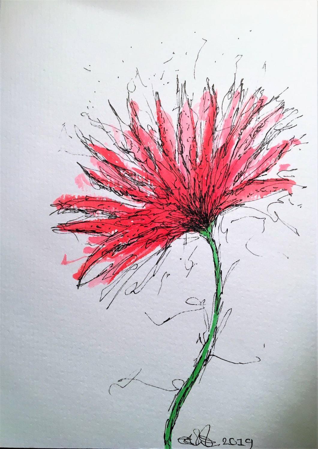 Handpainted Watercolour Greeting Card - Abstract Red/Pink Spiky Flower Design - eDgE dEsiGn London