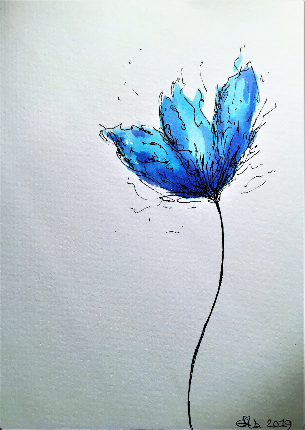 Handpainted Watercolour Greeting Card - Abstract Blue Tulip Design - eDgE dEsiGn London