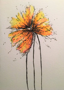 Handpainted Watercolour Greeting Card - Abstract Orange/Yellow Flowers Design - eDgE dEsiGn London