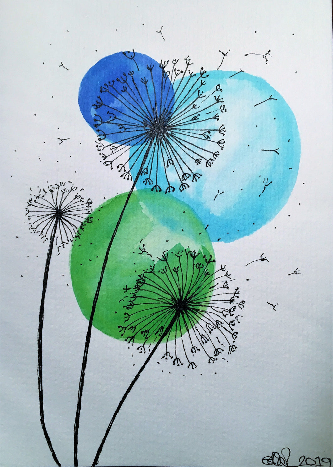 Handpainted Watercolour Greeting Card - Abstract Blue/Green Circles with Dandelions - eDgE dEsiGn London