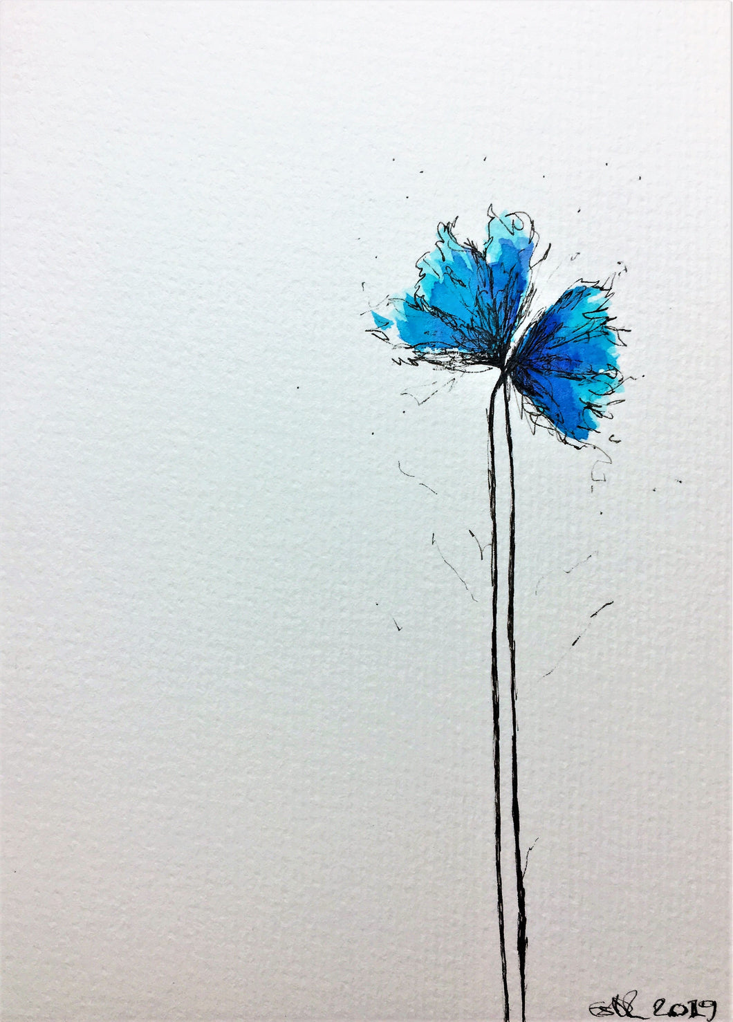 Handpainted Watercolour Greeting Card - Abstract Small Blue/Turquoise Flowers Design - eDgE dEsiGn London
