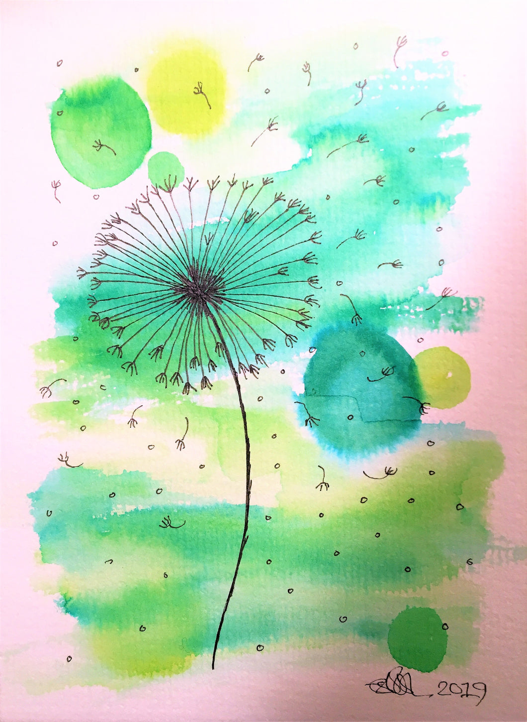 Handpainted Watercolour Greeting Card - Abstract Green with Dandelions - eDgE dEsiGn London