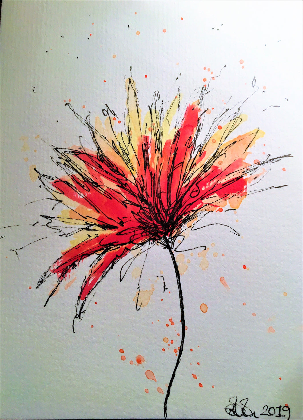 Handpainted Watercolour Greeting Card - Abstract Flower with splatter - eDgE dEsiGn London