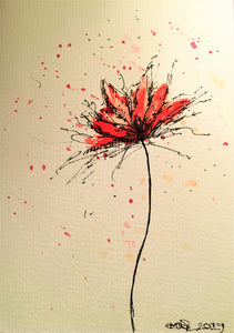 Handpainted Watercolour Greeting Card - Abstract Red/Pink Flower with splatter - eDgE dEsiGn London